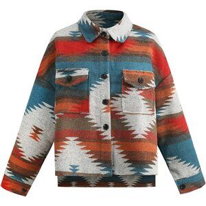 Women's Wool Blend Shacket Loose Fit Ethnic Print Button Down Coat
